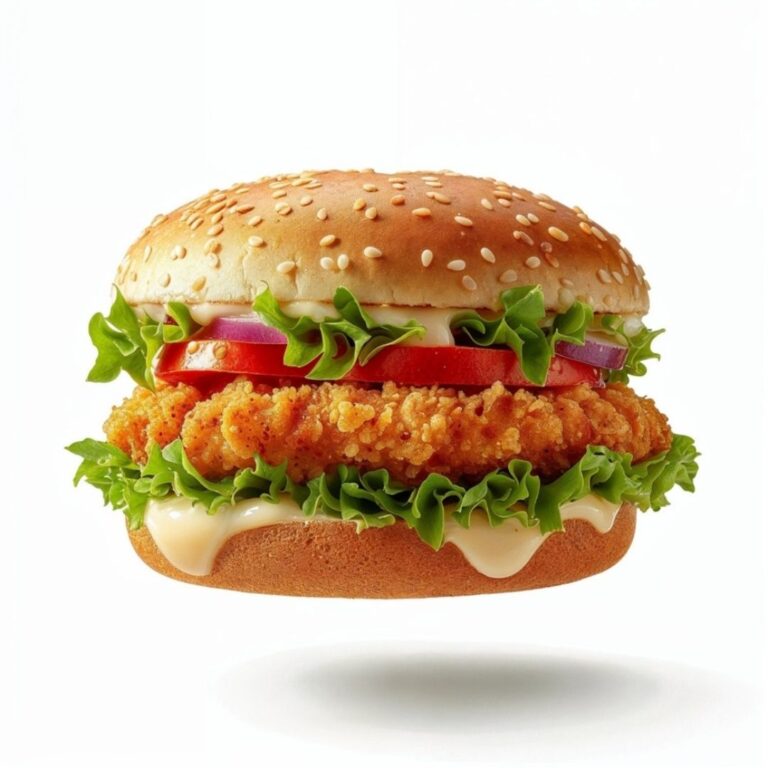 A close-up of a cheeseburger with a sesame seed bun, lettuce, tomato, and cheese. The burger looks fresh and appetizing, against a plain white background.