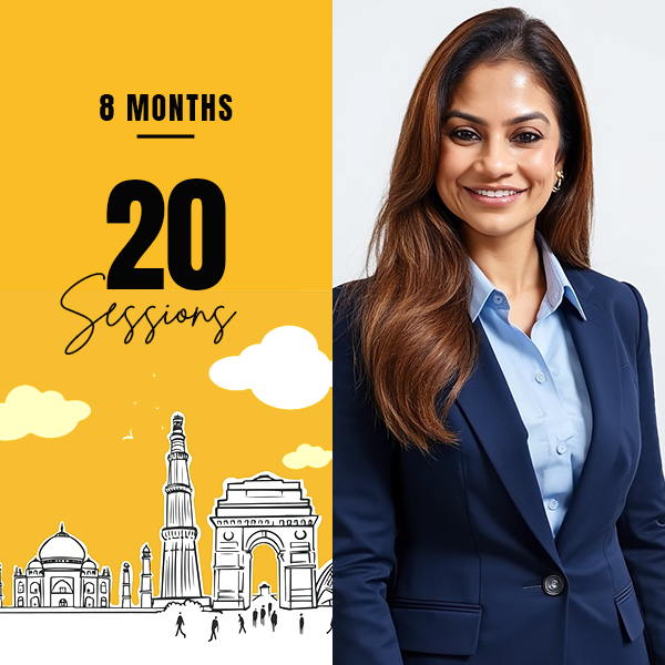 A woman in a business suit smiles confidently beside a yellow graphic displaying “21” and abstract shapes. The tone is professional and optimistic.