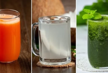 Orange juice, water, green smoothie glasses
