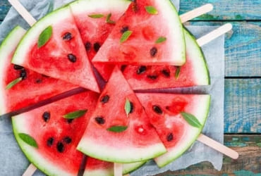 Watermelon feta mint salad near pool