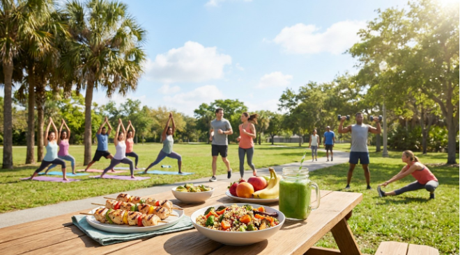 Meal plans and workouts with healthy food, outdoor fitness activities, and balanced nutrition for an active lifestyle.