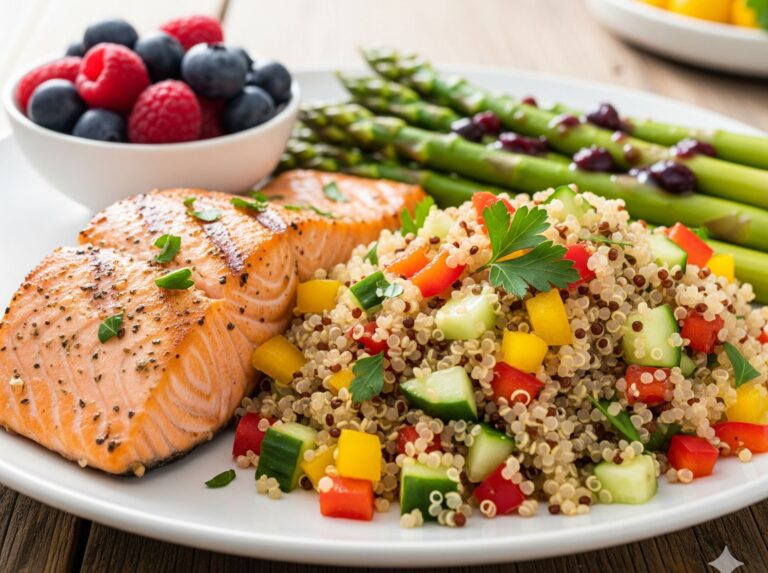 Grilled salmon with veggies and cranberries