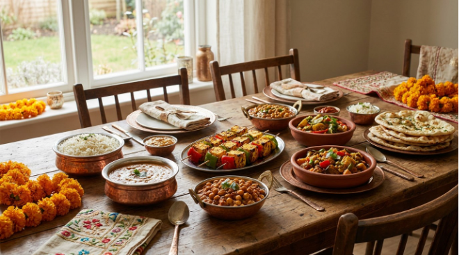 Protein diet Indian food spread with healthy traditional dishes served on a dining table.