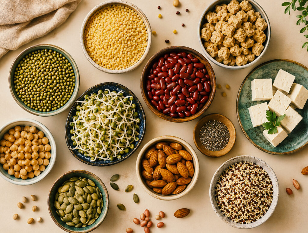 Indian vegan protein sources including soy chunks, lentils, chickpeas and tofu